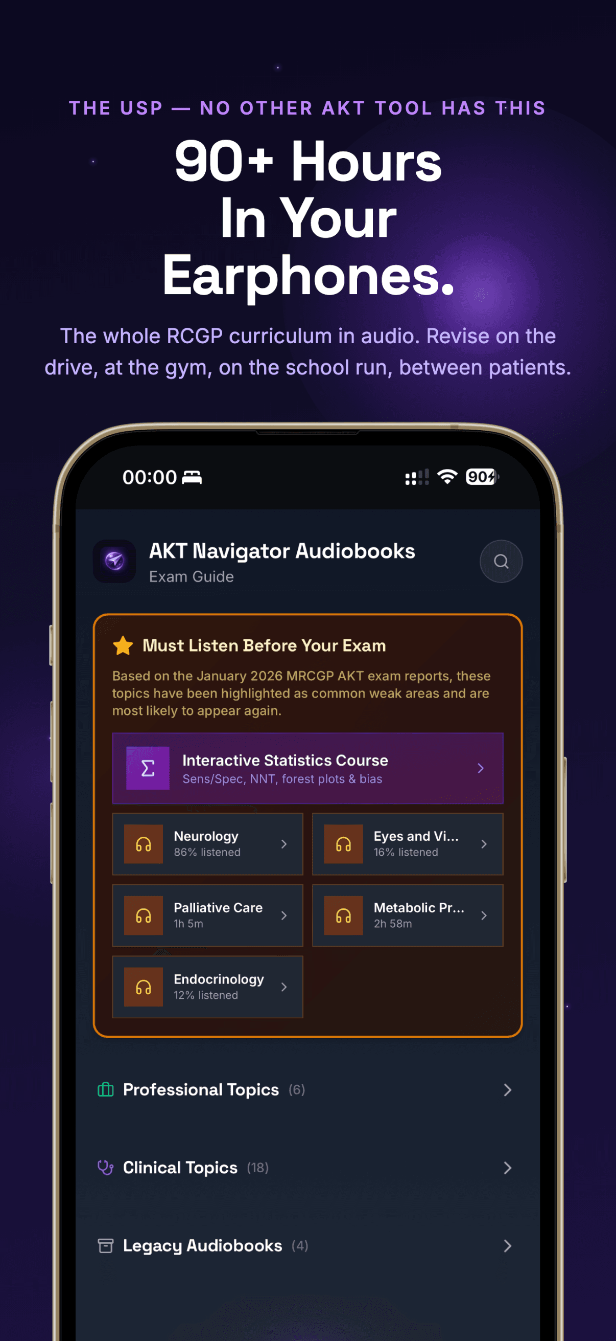 AKT Navigator audiobook library — 90+ hours covering the whole RCGP curriculum, with must-listen topics before your exam
