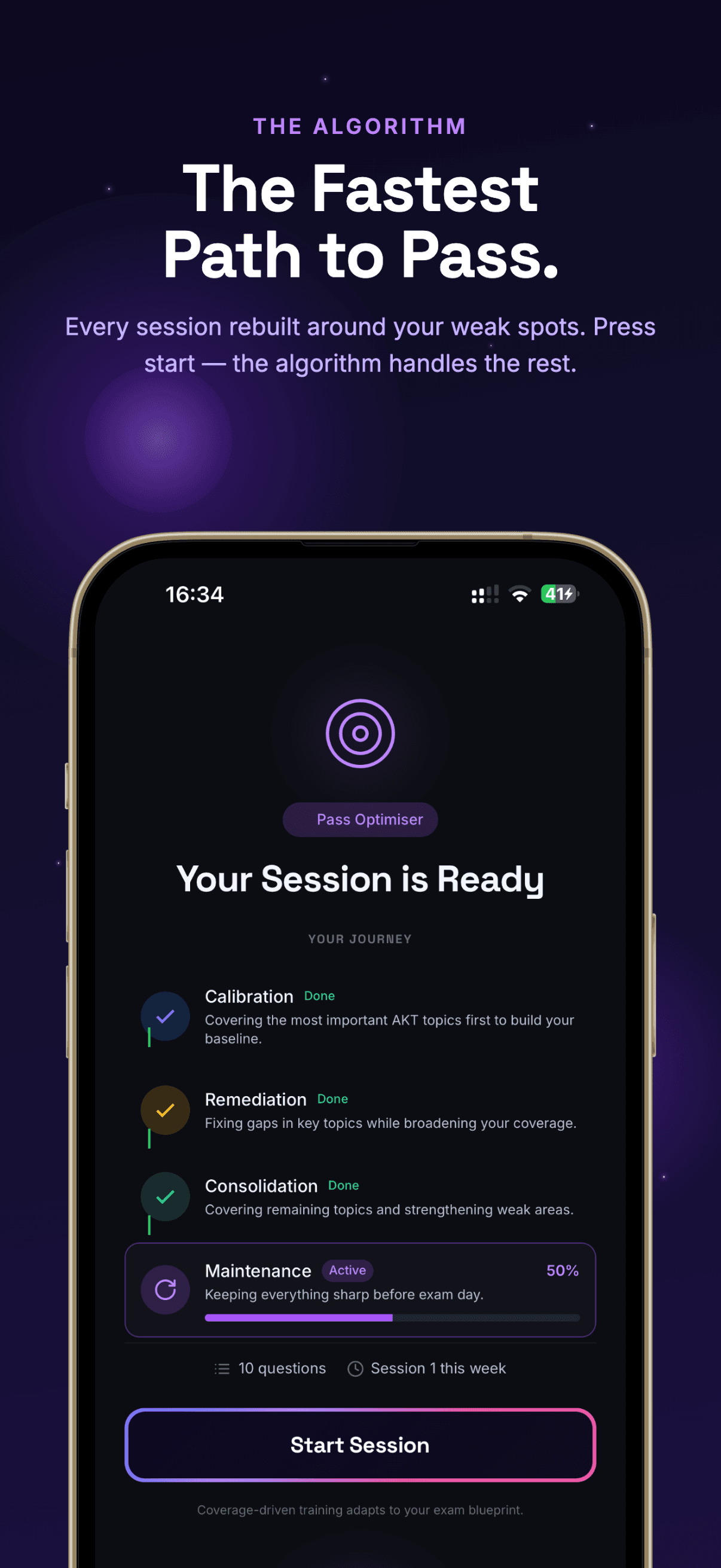 Pass Optimiser session screen — calibration, remediation, consolidation and maintenance built around your weak spots
