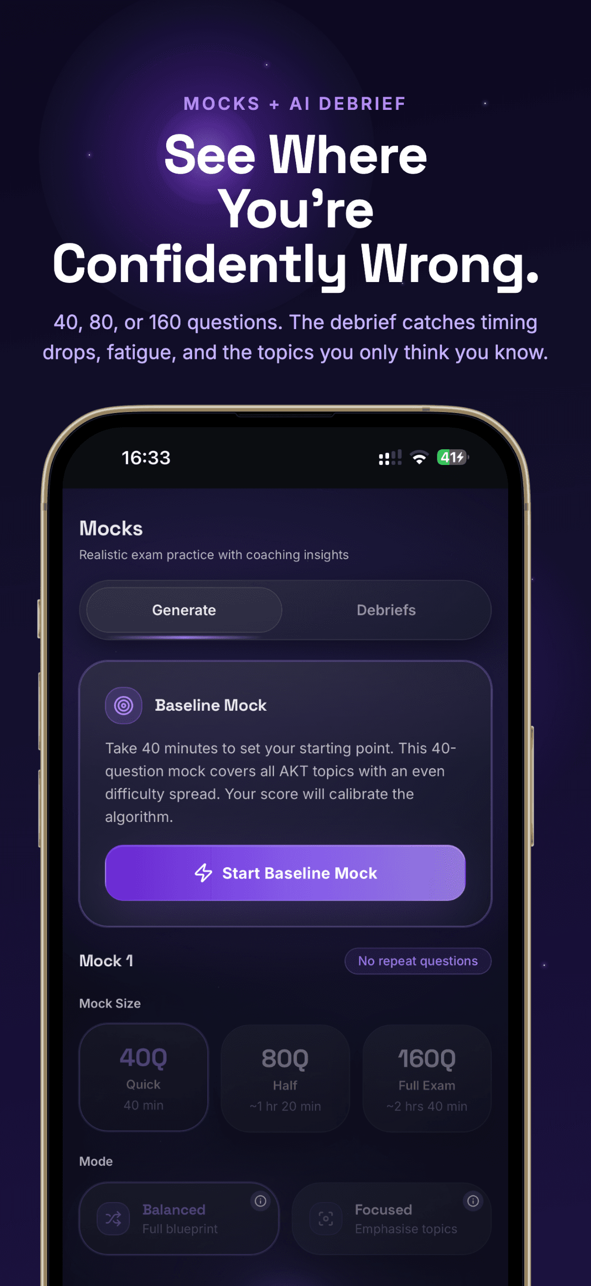 Mocks screen — 40, 80 or 160-question mock exams with a baseline mock to calibrate the algorithm